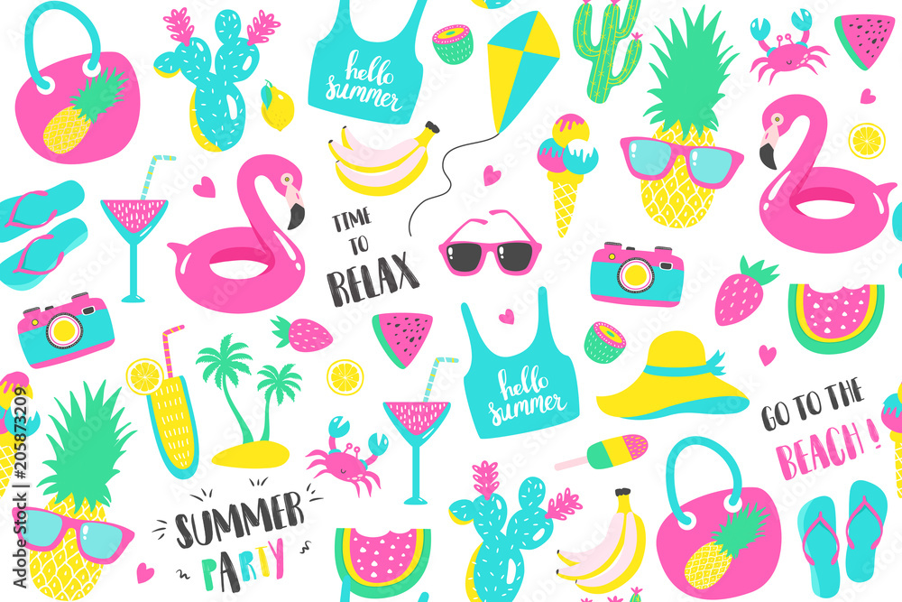 Summer pattern. Watermelon, pineapple and holiday elements. Summer pattern. Watermelon, pineapple and holiday elements.