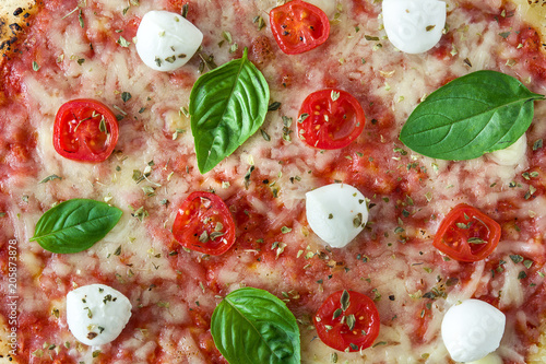 Pizza with tomatoes, cheese and basil. Close up