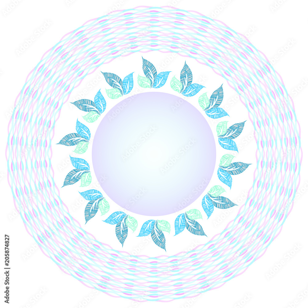 Naklejka premium Vector round frame a plate with a decor of shaded leaves and interlacing bands in pastel tones