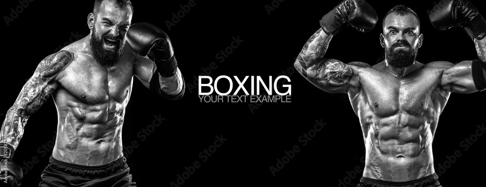 Sportsman muay thai boxers fighting. Isolated on black background. Copy Space. Sport concept.