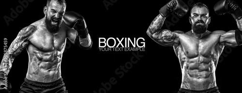 Sportsman muay thai boxers fighting. Isolated on black background. Copy Space. Sport concept. © Mike Orlov