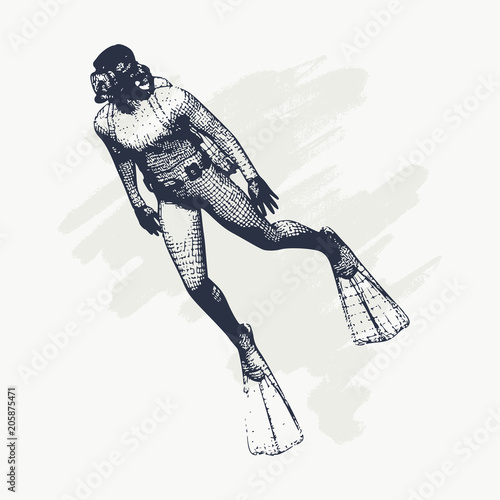 Silhouette of diver. Icon diver. The concept of sport diving. Vintage engraved illustration