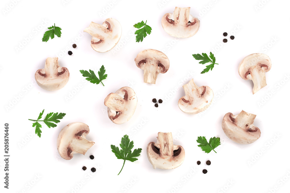 Fototapeta premium mushrooms with parsley leaf peppercorns isolated on white background. top view. Flat lay