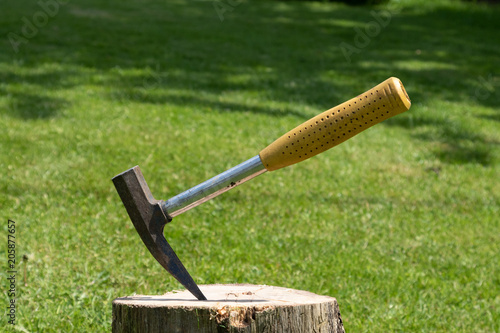Hammer sticked into a piece of a tree stem