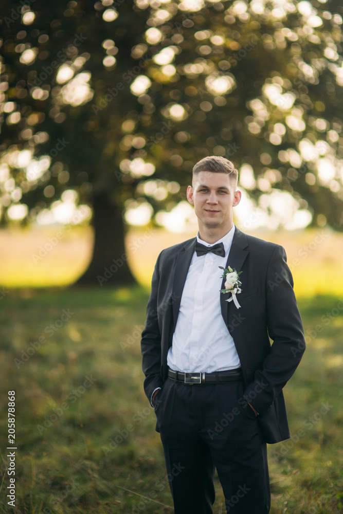 Groom standing in the middle of field in the background of big tree Groom standing in the middle of field in the background of big tree