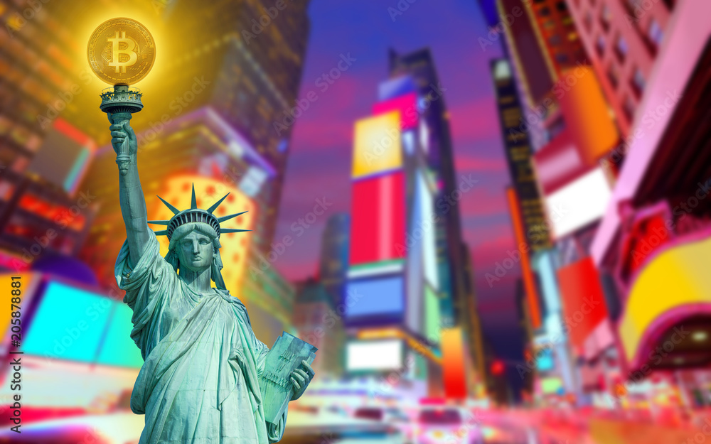 Obraz premium New york skyline with liberty holding bitcoin