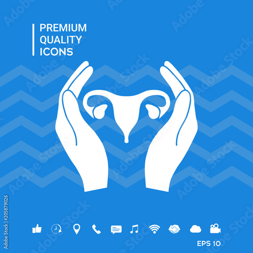 Hands holding Female uterus - protection icon