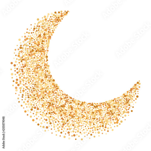 Luxury golden crescent, half moon gold glittering confetti particles background. Scattered golden dots. Vector illustration. Ramadan Kareem glittering greeting card design, muslim holidays symbol 