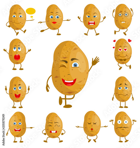 Character cartoon potato. Vector vegetable with face and hands with different facial expressions. Personage with a set of emotions.