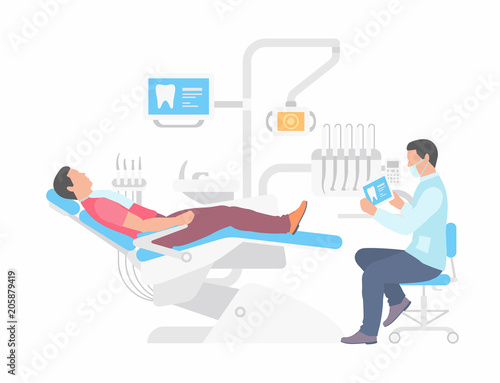 Dentist and Man in Dentist Chair. flat style. isolated on white background