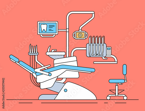 Dentist chair. thin line style. isolated on red background
