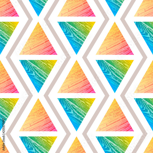 Abstract vector seamless textured pattern with triangle. Colorful graphic for wallpaper, print, gift. © sebos