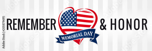 Memorial day, remember & honor with USA flag in heart banner. Happy Memorial Day vector background in national flag colors