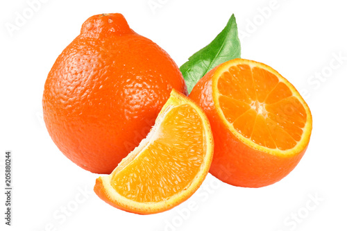 orange tangerine or mandarin with slices and leaf isolated on white background