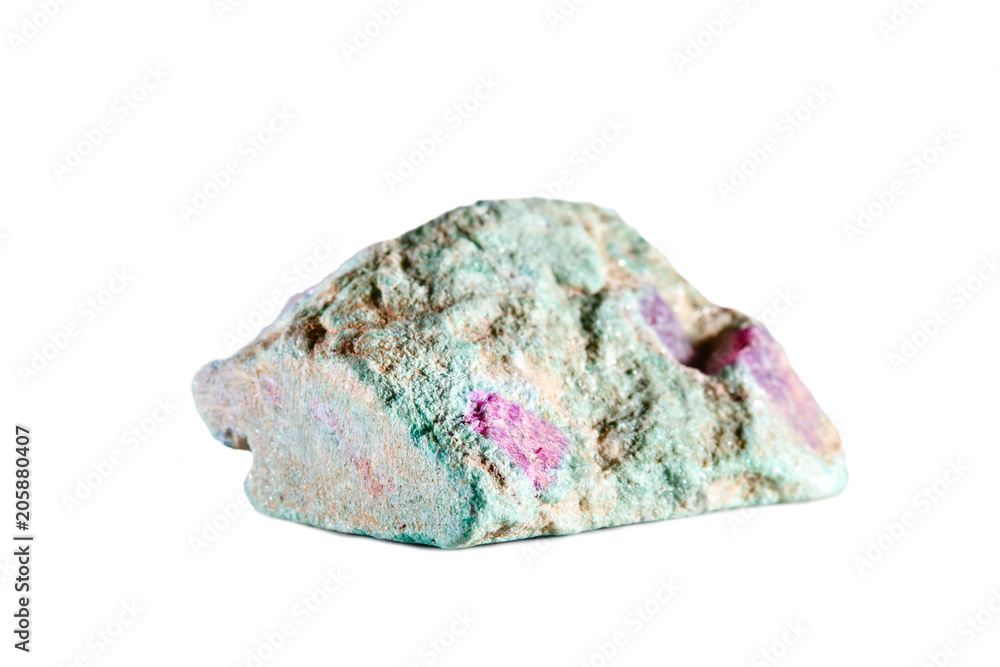 Macro shooting of natural gemstone. Raw mineral anyolite with ruby. India. Isolated object on a white background. Macro shooting of natural gemstone. Raw mineral anyolite with ruby. India. Isolated object on a white background.