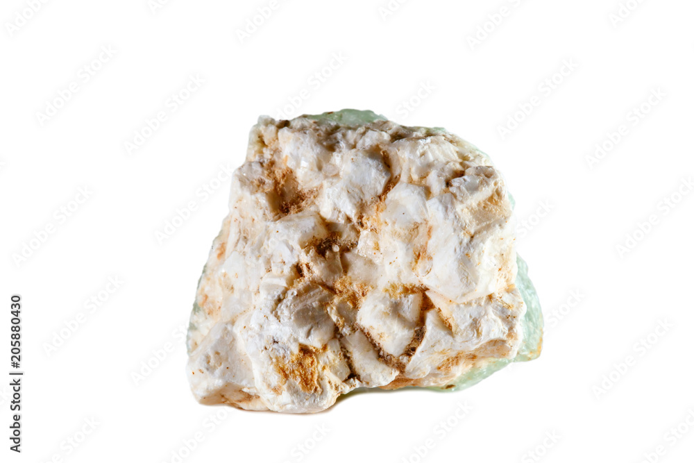 Macro shooting of natural gemstone. The raw mineral is prehnite. Isolated object on a white background. Macro shooting of natural gemstone. The raw mineral is prehnite. Isolated object on a white background.