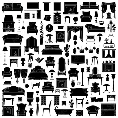 A set of silhouettes of furniture. Vector illustration. Elements of interior design isolated on white background.