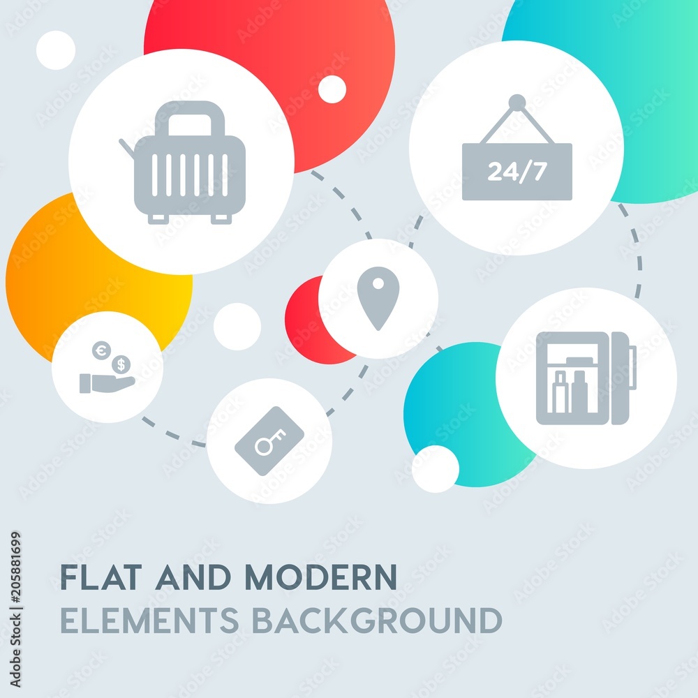 Fototapeta premium hotel, location, shopping fill vector icons and elements background with circle bubbles networks.Multipurpose use on websites, presentations, brochures and more