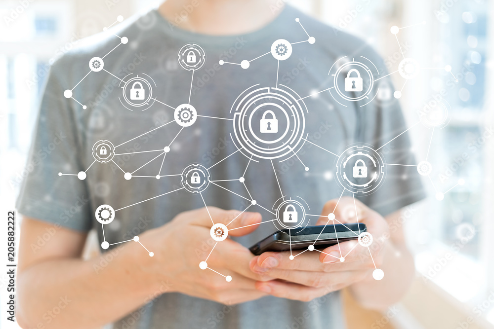 Cyber Security with young man using a smartphone Cyber Security with young man using a smartphone