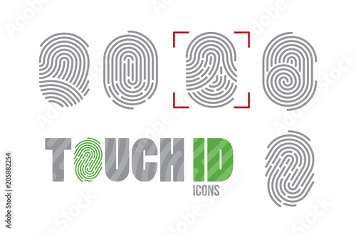 A set of fingerprint icons. Finger print scanning identification system. Biometric authorization, business security and personal data protection concept