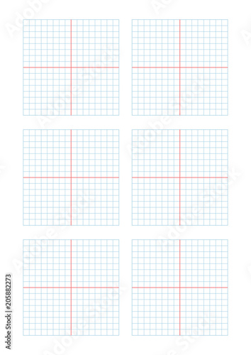 A set of Cartesian coordinate systems on blue graph paper with coordinate axis, vector illustration A4 sheet