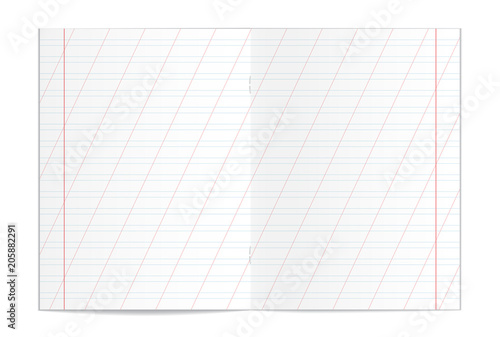 Vector illustration of realistic writing practice copybook spread isolated on white background. Lined pages for handwriting and lettering used in elementary school. Slanting lines every 25 mm