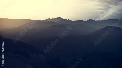 Landscape of forest mountains on sunset