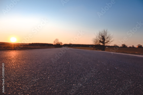 Asphalt road close-up against a background of trees and a beautiful orange sunset in the spring