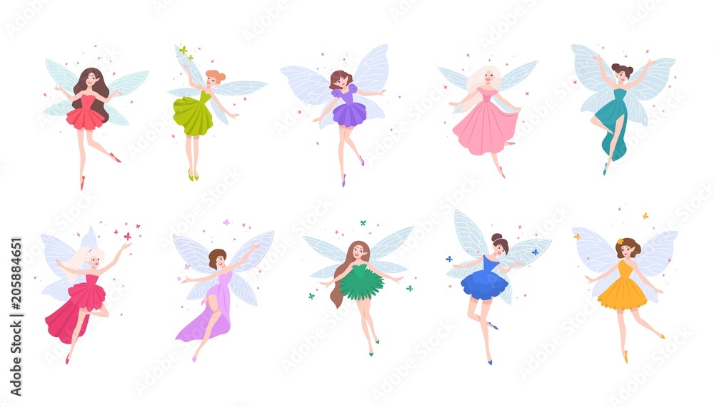 Collection of cute beautiful fairies in various dresses isolated on white background. Set of mythical or folkloric winged magical creatures, flying fairytale characters. Cartoon vector illustration. Collection of cute beautiful fairies in various dresses isolated on white background. Set of mythical or folkloric winged magical creatures, flying fairytale characters. Cartoon vector illustration.