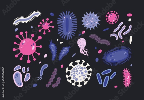 Bundle of infectious microorganisms isolated on black background. Set of harmful microscopic germs, pathogens, microbes. Collection of disease causing bacteria and viruses. Flat vector illustration.