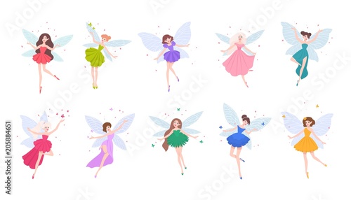 Collection of cute beautiful fairies in various dresses isolated on white background. Set of mythical or folkloric winged magical creatures, flying fairytale characters. Cartoon vector illustration.