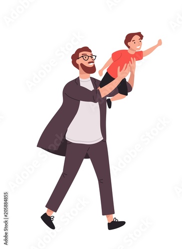 Bearded man carrying young boy. Smiling dad holding son. Joyful father playing with his little kid. Happy family. Cute cartoon characters isolated on white background. Colorful vector illustration.