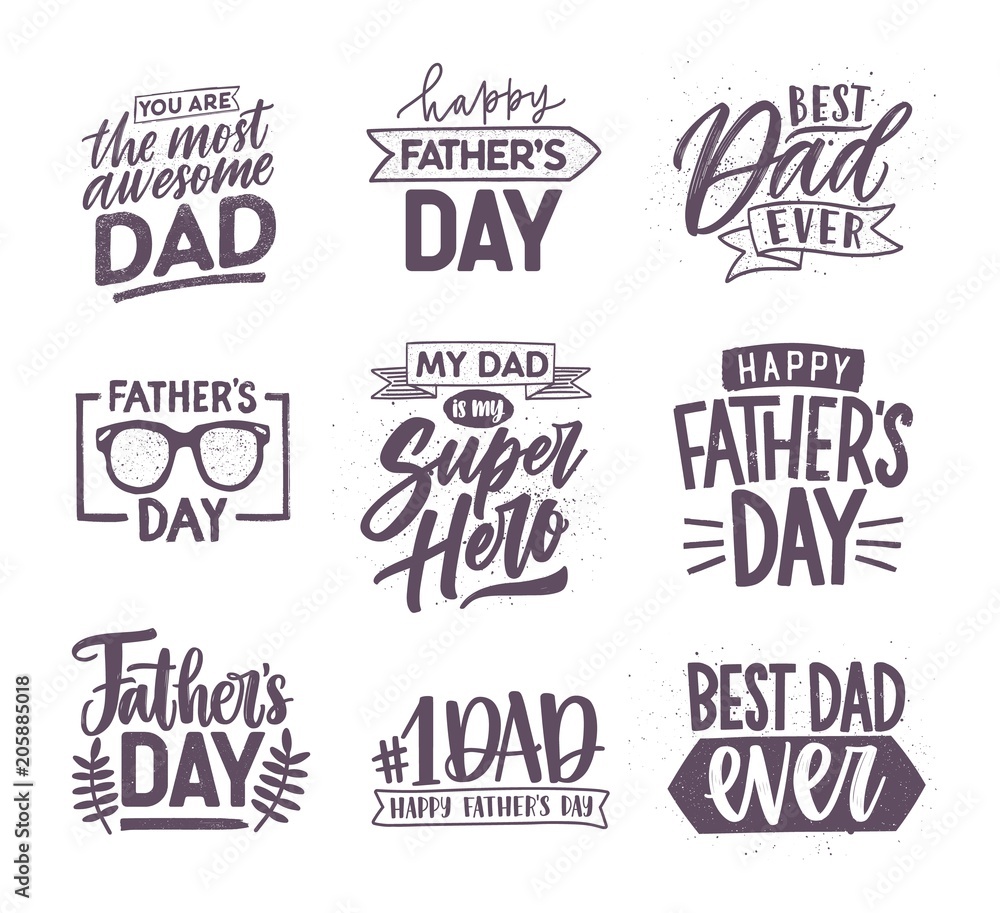 Collection of Father's Day letterings handwritten with elegant fonts and decorated with festive elements. Bundle of holiday inscriptions isolated on white background. Monochrome vector illustration.