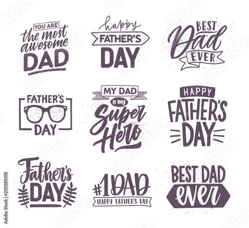 Collection of Father s Day letterings handwritten with elegant fonts and decorated with festive elements. Bundle of holiday inscriptions isolated on white background. Monochrome vector illustration.