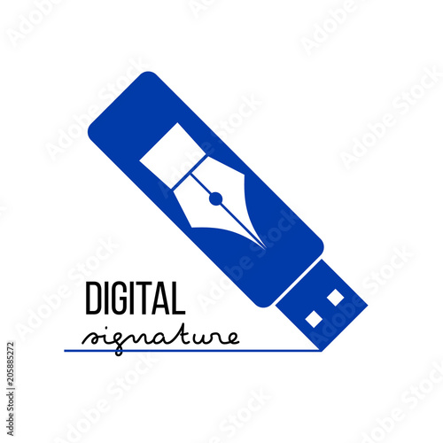 Blue USB flash silhouette with pen icon on it. Digital (electronic) signature concept. Vector logo template.