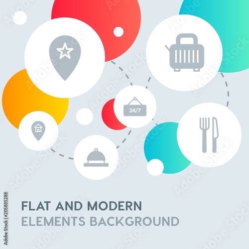 hotel, location, shopping fill vector icons and elements background with circle bubbles networks.Multipurpose use on websites, presentations, brochures and more
