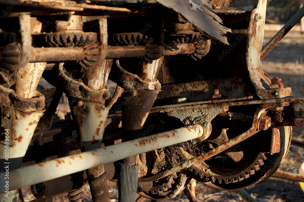 Quorn South Australia, closeup of farm equipment mechanisms in the late afternoon sunlight