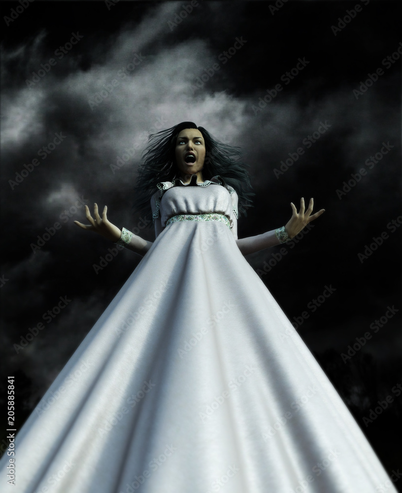 Ghost woman in white dress in Creepy forest 3d illustration Stock