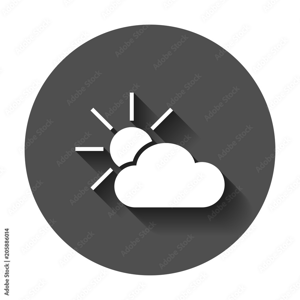 Weather forecast icon in flat style. Sun with clouds illustration with long shadow. Forecast sign concept.