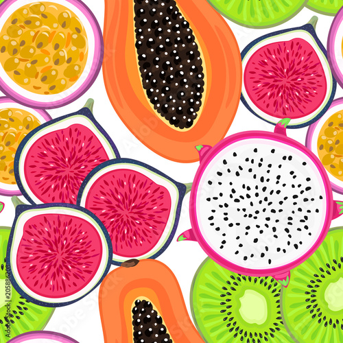 Vector seamless pattern with tropical fruits. Healthy dessert. Fruity background. Dragon fruit, kiwi, passionfruit, fig, papaya. Wrapping, exotic food market advertisement, wallpaper, summer banner