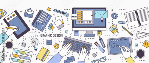 Horizontal banner with hands of designer working on computer or drawing on tablet surrounded by office supplies and art tools. Graphic design. Colorful vector illustration in modern line art style.