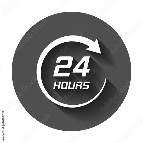 Twenty four hour clock icon in flat style. 24/7 service time illustration with long shadow. Around the clock sign concept.
