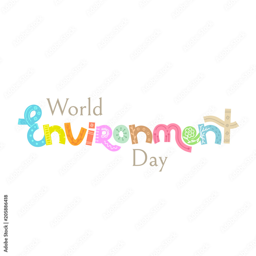 World environment day. Creative hand drawn lettering with doodle. Save nature. Eco friendly design. It can be used for banner, poster, invitation, card, brochure. Vector illustration, eps10