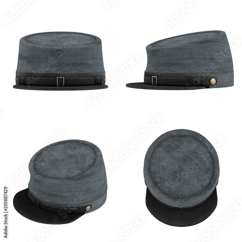 Set of Civil War Confederate Cavalry Hat. American Confederate Kepi. All side view. 3D render Illustration isolated on a white background. photo