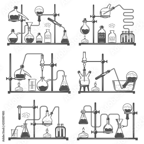 Set of monochrome laboratory research elements with flasks, tubes and molecular structure