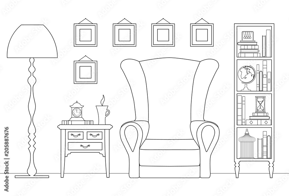 Outline interior. Vector linear illustration. Room with furniture and decor.