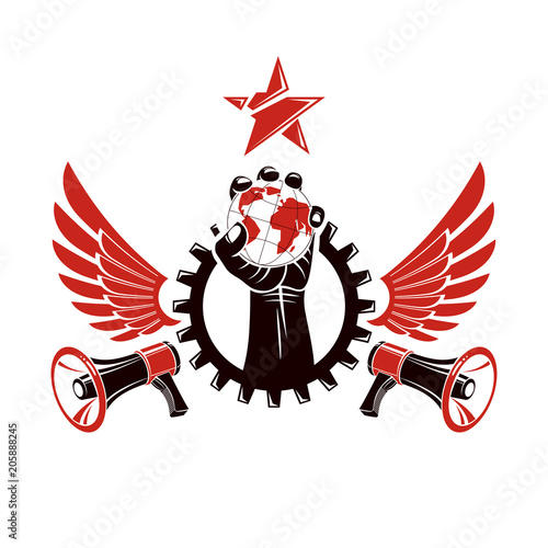 Vector marketing poster composed with loudspeakers and raised arm holding Earth globe surrounded by engineering gear. Social revolution concept, no restrictions. Propaganda as political agitation.