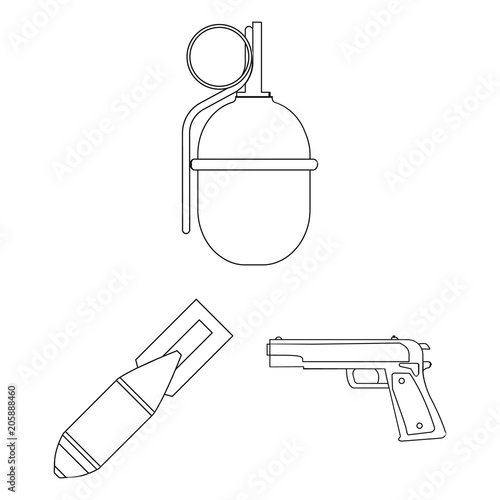 Army and armament outline icons in set collection for design. Weapons and equipment vector symbol stock web illustration.