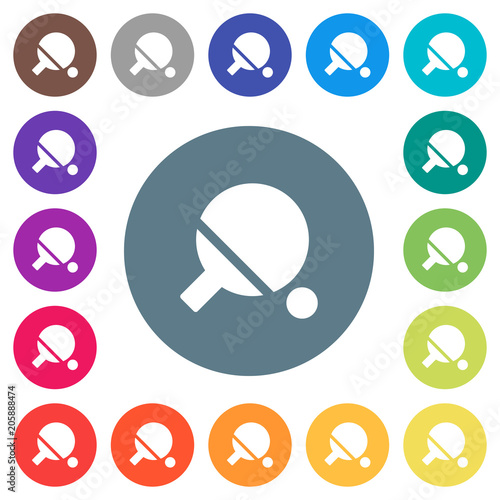 Table tennis flat white icons on round color backgrounds