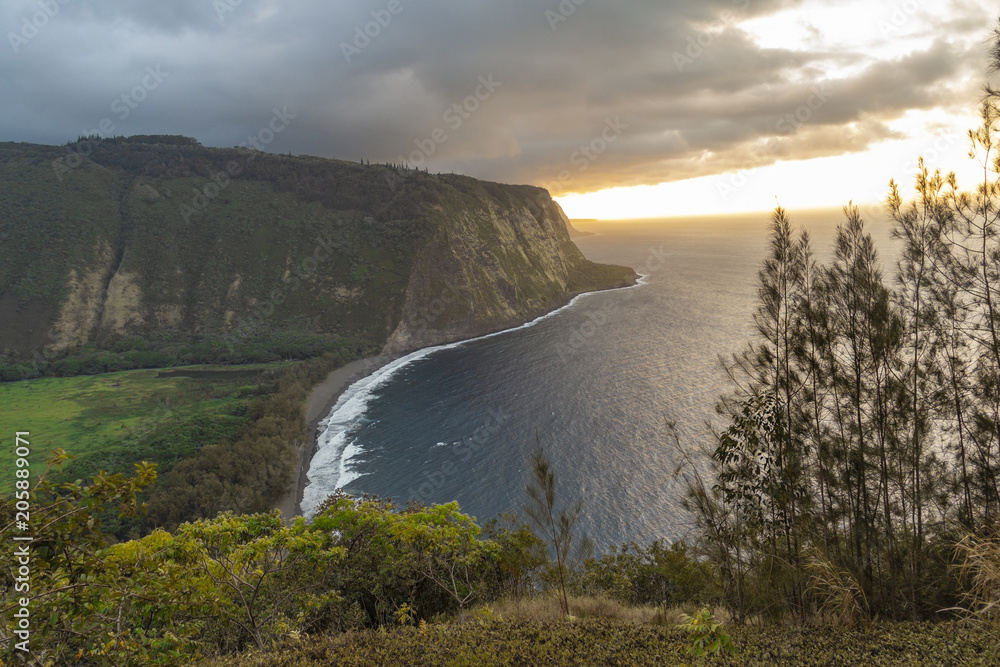 Waipio valley from clifftop at sunset, Big Island, Hawaii